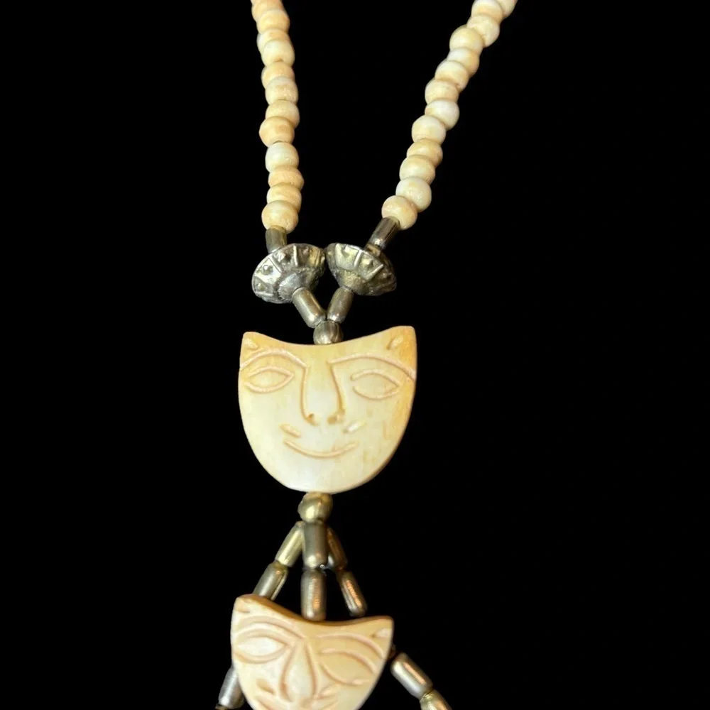 Carved and Beaded Bone Metal Multiple Strand Cat Face Hook and Loop Necklace